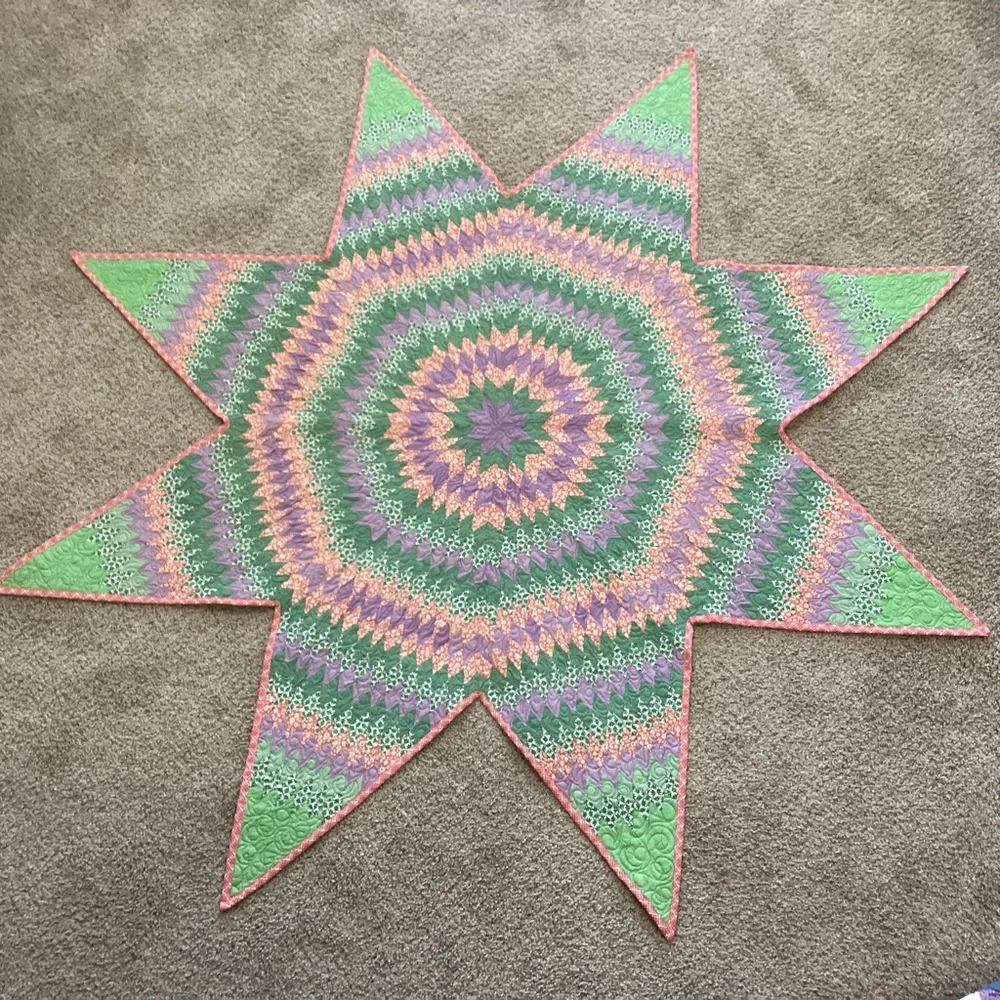 Quilted Star Machine Quilted Green Purple Orange 62” Across